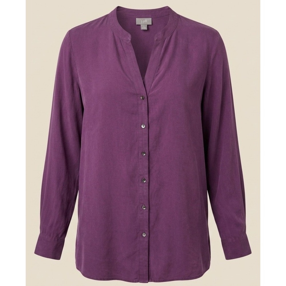 J. Jill Blouse Womens Medium Purple 100% Silk Band Collar Button Up Career